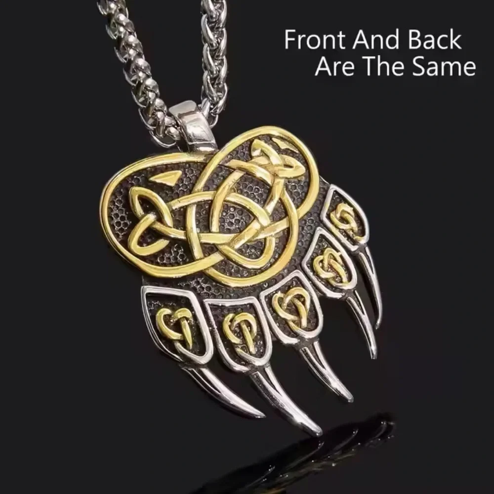18K White & Gold Bear Claw Viking Celtic Pendant Necklace Witch Biker Unisex.